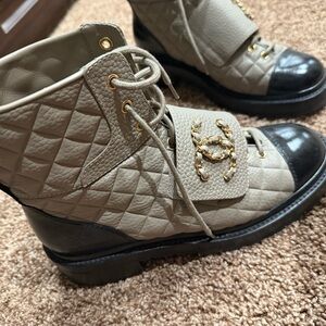 Chanel Lace-Up Ankle Boots - Black and Cream. Dust bag included